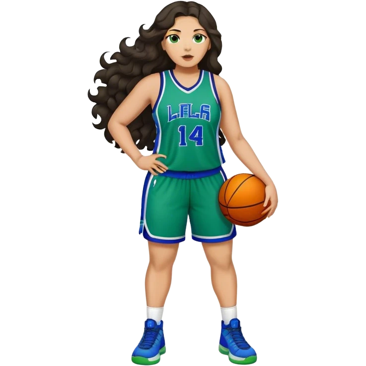 Full Body light skin Latino plus size women basketball player with long wavy dark hair  wearing blue and green uniform emoji