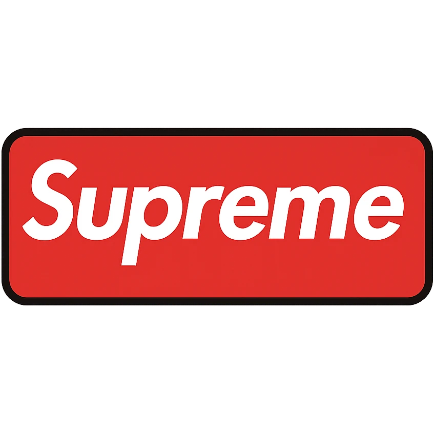 Supreme logo with white Futura font on a red rectangle, classic streetwear branding, clean and modern emoji