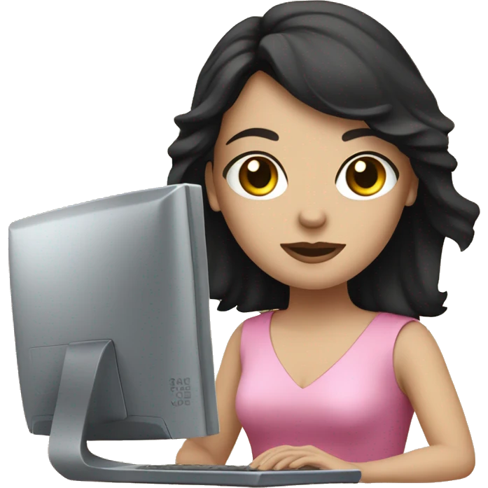 white girl with dark hair, dark eyes and pink dress with computer emoji