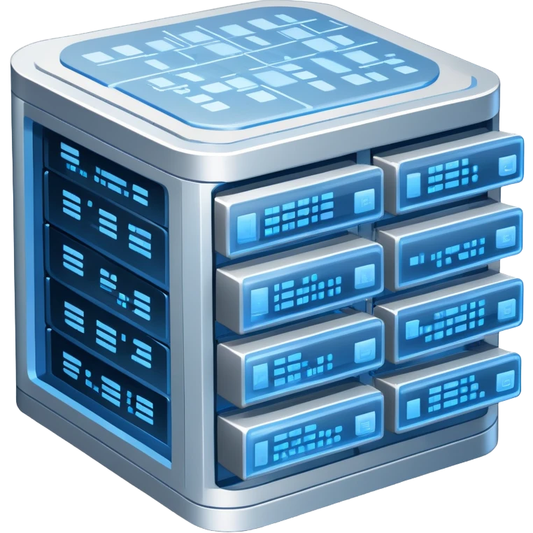 An icon featuring stacked server disks, a digital network grid, and binary code, symbolizing databases. The design includes data flow arrows, representing storage, organization, and retrieval of information. Transparent background highlights data-driven technologies. emoji