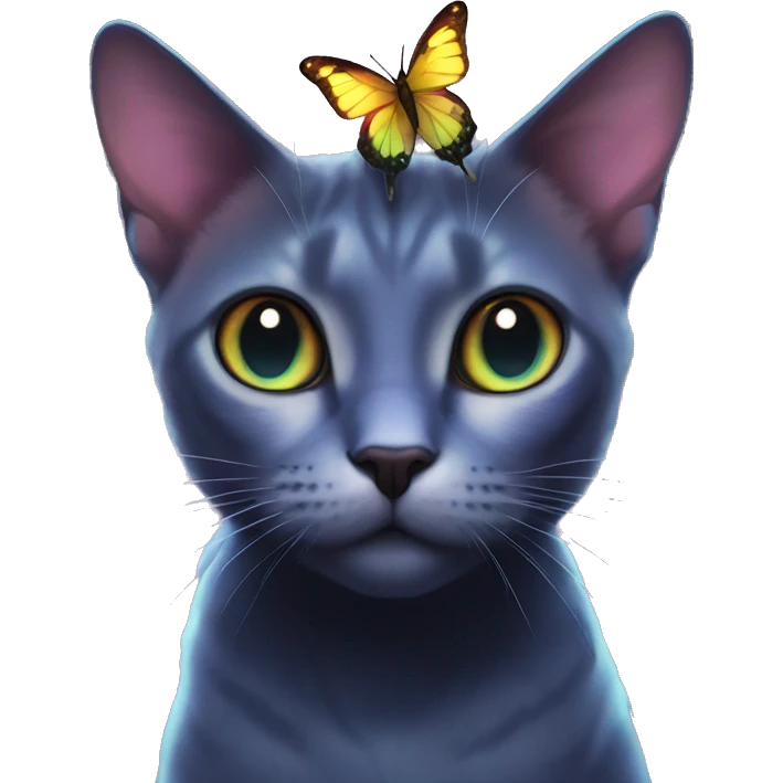 Dark iridescent butterfly glowing on top of cats head  emoji