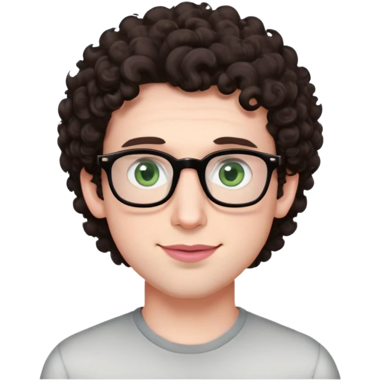 Young man with dark brown curlier poofy hair (same style but more curls), green eyes wearing glasses, wide face with eyes set apart, bigger ears, very pale skin, slightly bigger nose, fuller darker pink lips with a smile, and very light stubble emoji
