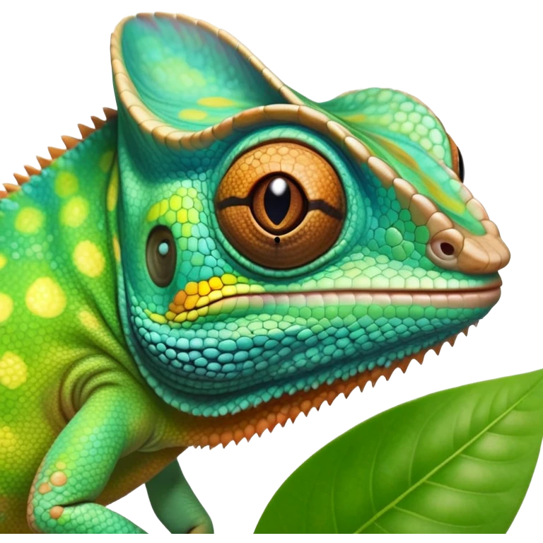 cinematic cute-smiling baby chameleon-realistic emoji,-blending-with-vibrant-greenery.-detailed-scales-in-shifting-colors,-showing-the-chameleon’s-ability-to-camouflage.-soft-natural-light-highlights-its-texture.-nature-background, zoomed into its face emoji