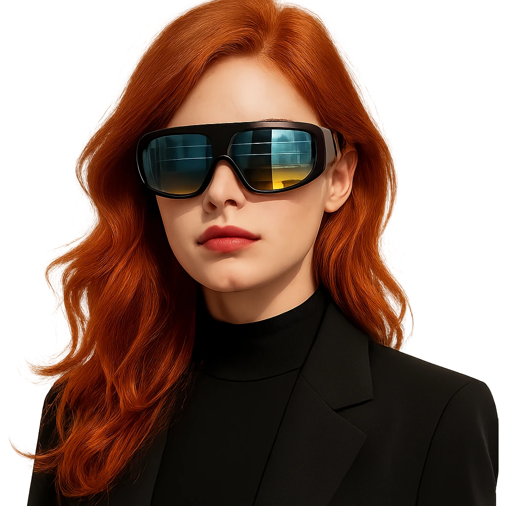 striking redhead with shiny solar glasses, fashionable and modern look emoji