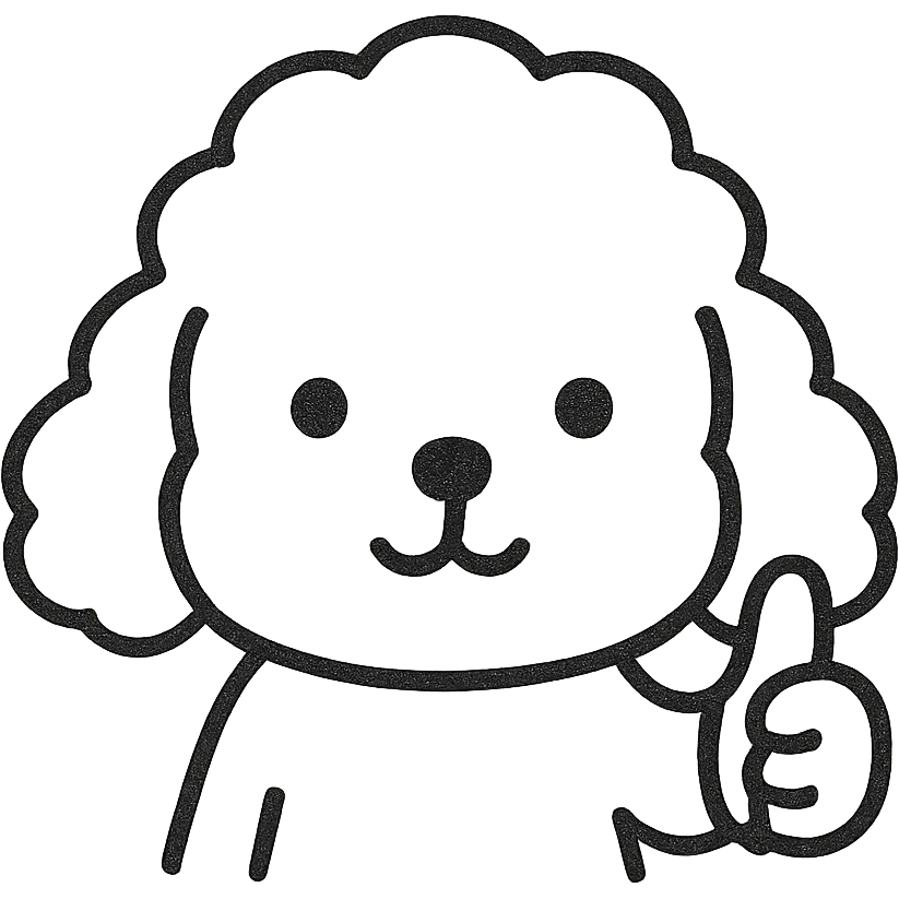 Transform the minimalist kawaii poodle dog head into a simple cartoon showing the same dog giving a thumbs up. Maintain thick, bold, clean black lines with no color or shading, on a white background. The face should be very minimal with a calm and sweet expression. The paw with the thumb up should be visible and clear, matching the hand-drawn, child-friendly look. emoji