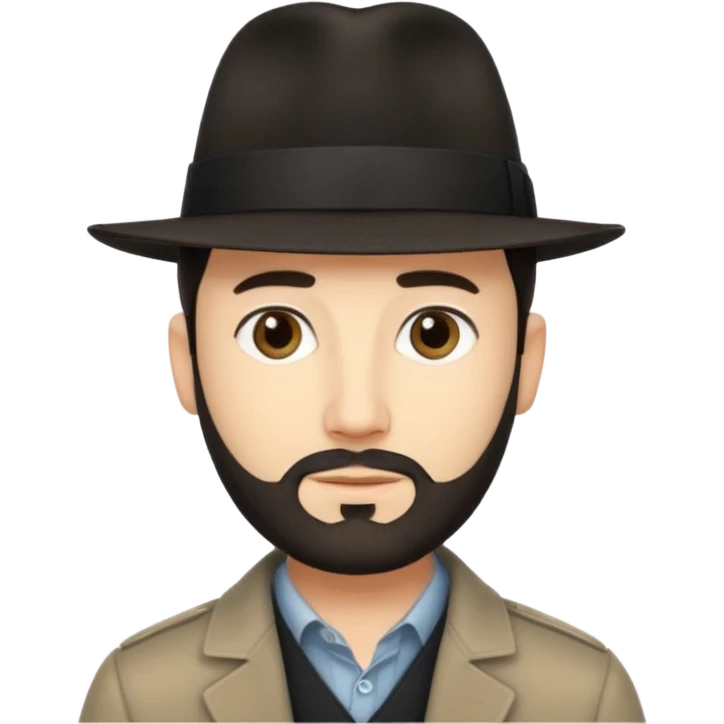 A light-skinned man with short dark hair, thin straight beard, and a black fedora, with an oval face and calm look. emoji