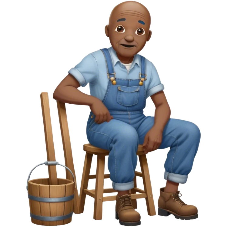 Old bald black man sitting on bucket stool overalls emoji