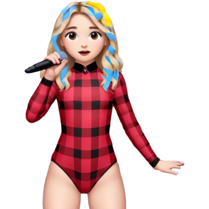 Sabrina carpenter singing at concert wearing a black and red plaid bodysuit with huge crowd and light pink stage setting  emoji