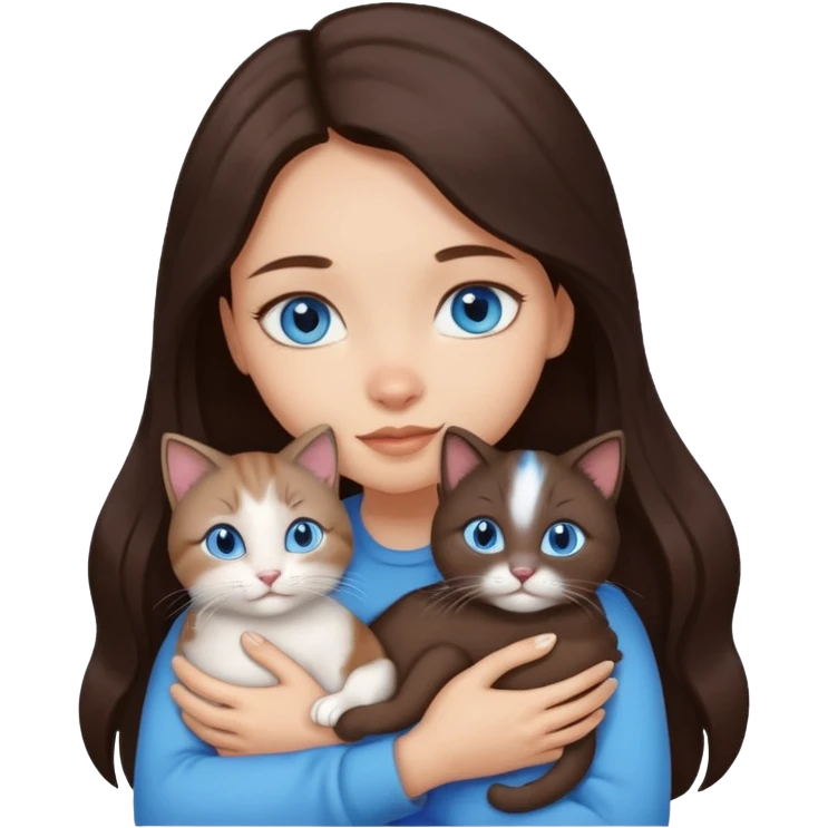 a pretty girl with long dark 
brown hair, with blue eyes, hugs 3 different natural coloured small cats emoji