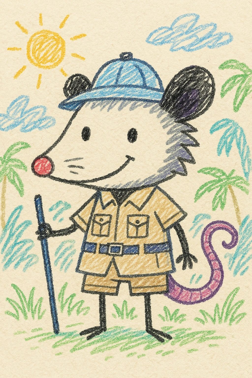 cute cartoon possum dressed up for a safari in the jungle, hand drawn children's illustration style, charming and whimsical emoji