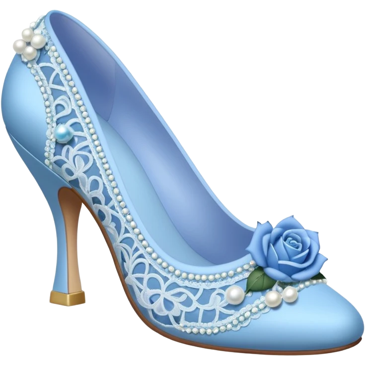 pastel blue kitten heel with lace pearls and blue rose emoji