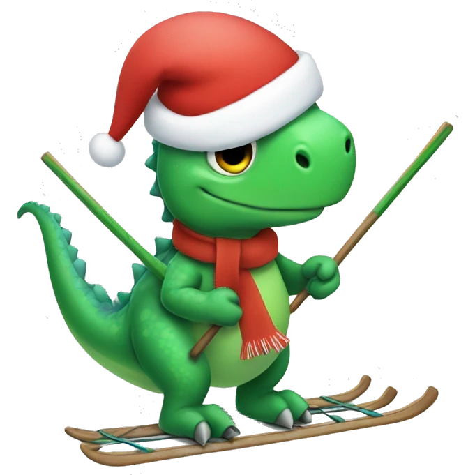 christmas dinosaur skiing while holding poles emoji