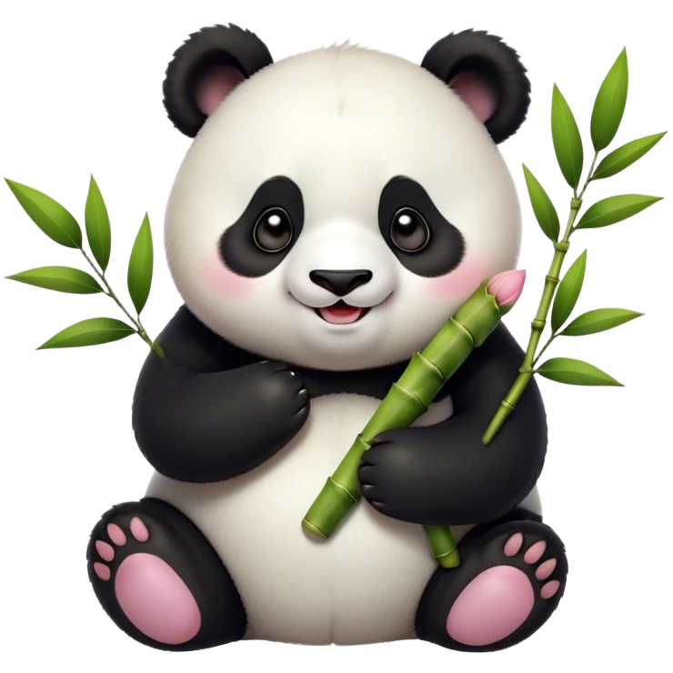 Cinematic smiling chubby panda, fluffy black and white fur, round rosy cheeks, tiny paws holding a bamboo shoot, sparkling eyes full of joy, soft glowing background, irresistibly huggable. emoji