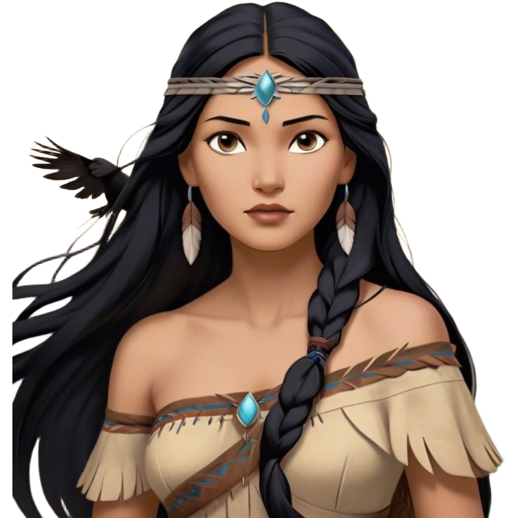 Cinematic Realistic Pocahontas Portrait, depicted with lifelike skin texture, soft natural lighting, and intricately detailed long, flowing raven-black hair that moves gracefully in the wind. Her deep, soulful dark brown eyes exude wisdom and strength, complemented by a serene yet powerful expression. She is dressed in her classic one-shoulder native american dress, with rich fabric textures and delicate beaded details that catch the light beautifully. The portrait features a soft, sun-kissed glow with a natural, radiant finish, capturing the essence of untamed beauty and deep connection to nature in a realistic and painterly style, evoking a sense of depth and authenticity. emoji