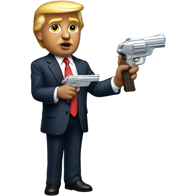 Donald trump holding a silver squirt gun in one hand and in his other hand he’s holding a baby with brown skin emoji