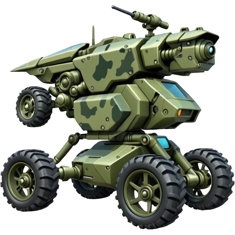 a 4-wheel camouflage army massive mech motorcycle shooting forward side-hill active suspension enemy mech off-road racing rover with large fast engine  emoji