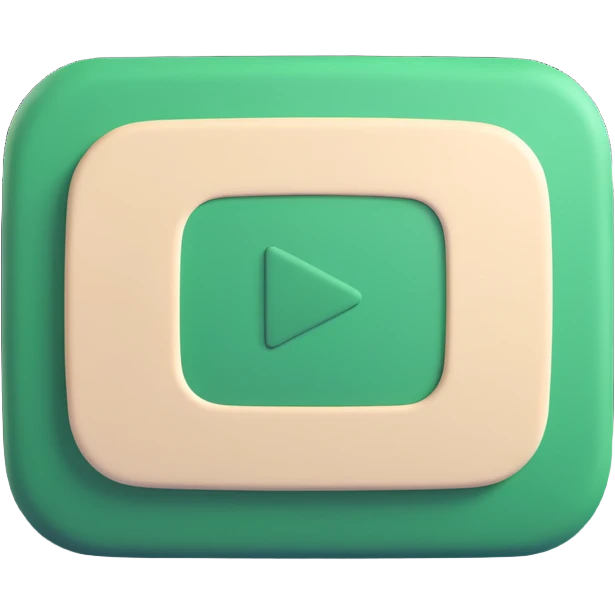 minimalist 3D YouTube logo rectangle with rounded corners, dark green fill, light beige play triangle, soft shadows, style like Instagram iOS logo, no background emoji