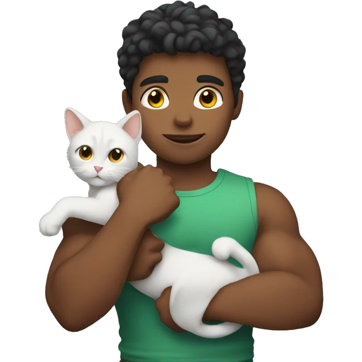A boy with muscles holding cat emoji