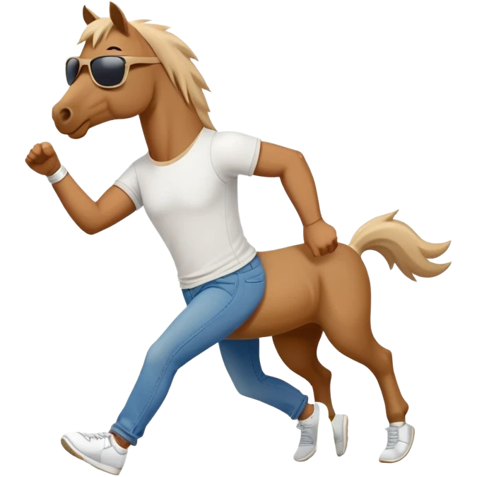 friendly anthropomorphised stallion in jeans and a t-shirt, wearing dark sunglasses, jogging upright in standard pose emoji