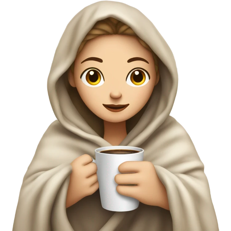 White Girl inside a blanket sipping coffee eyes closed emoji