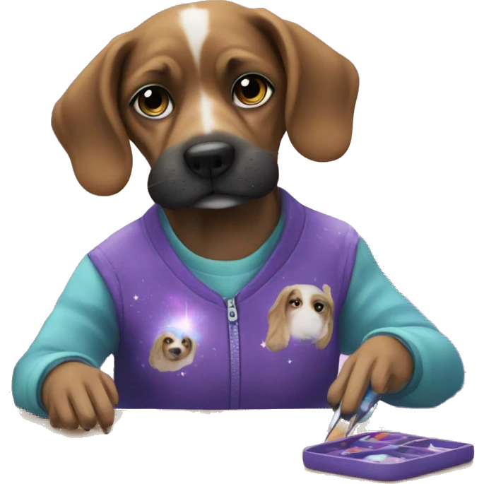 Dog painting her nails with galaxy theme emoji