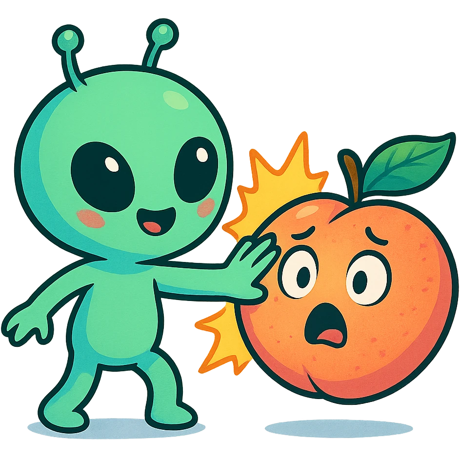 cute alien slapping a peach, surprised peach face, vibrant colors emoji