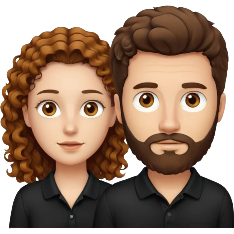 Criar Casal - Homem branco de cabelo liso e olhos marrom, com barba, camiseta polo preta e mulher de pele branca cabelo cacheado marrom longo e olhos mel emoji