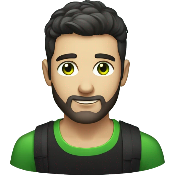 Handsome man with dark hair, in front of a keyboard, gradient short hair on the side, green eyes. Thin face. Black t-shirt. A little beard. emoji