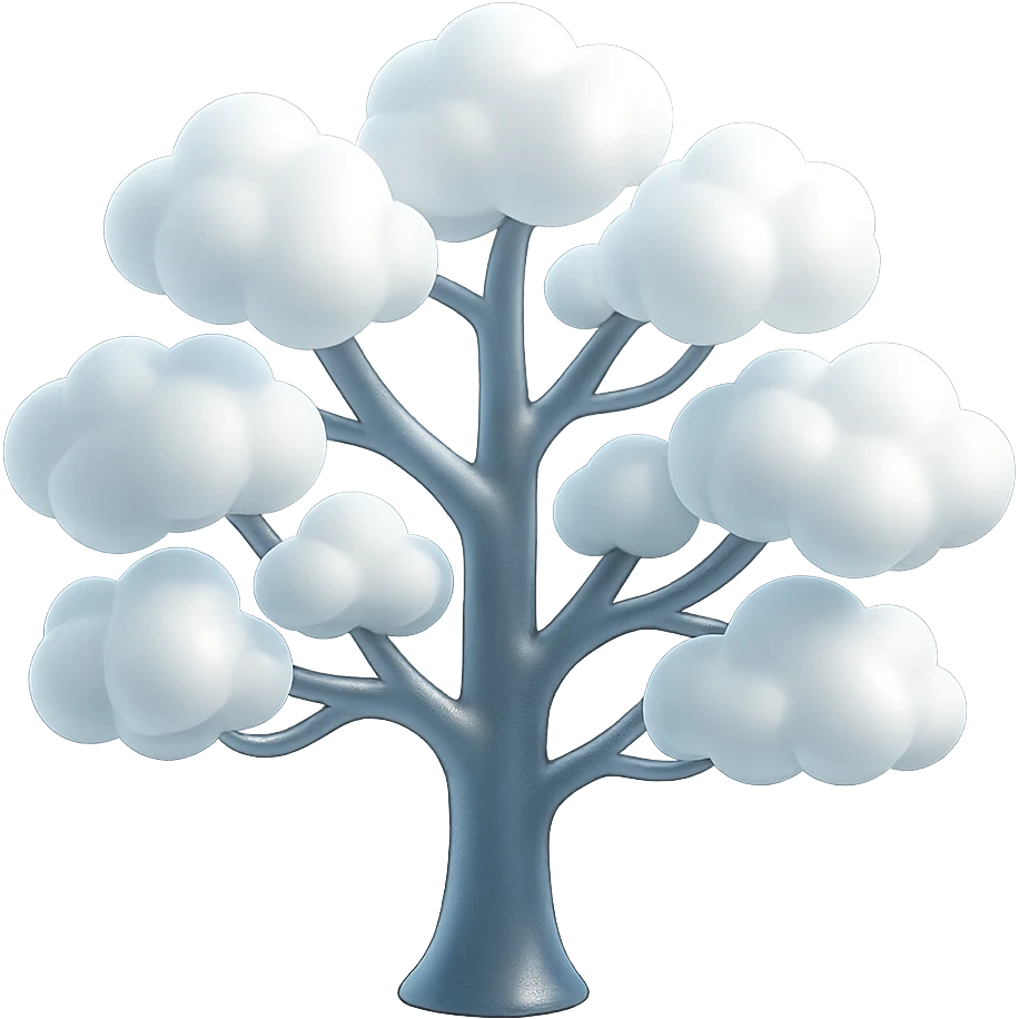 one tree with many branches, each branch covered with small, very bright white, saturated color, fluffy convex clouds, matte glass style, no background emoji