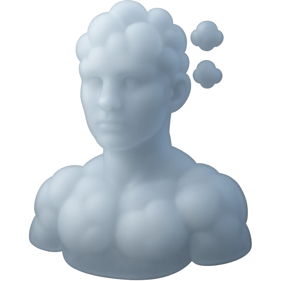 person looking straight, fully made of white fluffy convex clouds, shoulders, matte glass style emoji