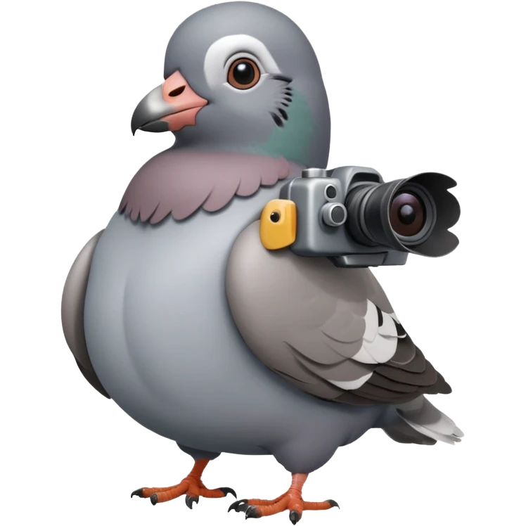 a chubby pigeon with a camera strapped to its chest, glancing side to side emoji