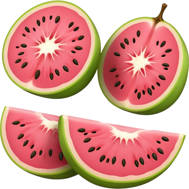 Sliced guava showing pink flesh and small seeds inside emoji