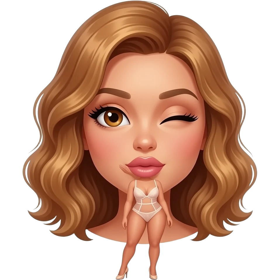 glamours,-tanned,-very-beautiful-woman-with-big-plump-rose-beige-lips,-long-lashes,-honey-silky-very short- hair,-wavy-hair,-hazel-eyes-wearing-nude-lace-lingerie-nude-stilettos-Looks-sexy-winking-blowing-kiss-from-hand-full-body emoji