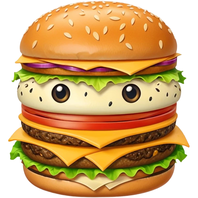 Create an image of a burger face with eyes and mouth pooping up in blue background emoji