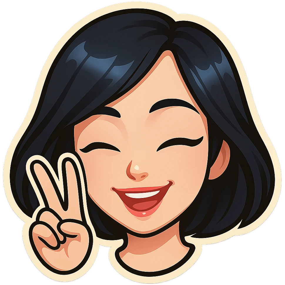 Create a girl's head in the classic Telegram sticker style with cute facial features resembling Samsung Sam, pale skin, only the head without neck, white background. The girl is winking, smiling, and showing a V (peace) sign with her fingers. Clean cartoon style suitable for a Telegram bot profile. emoji
