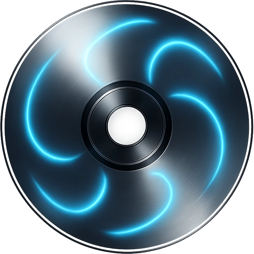 A minimalist CD disc with abstract pattern, glowing effect, cyan color emoji