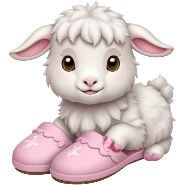 a baby goat emoji wearing pastel pink chunky slippers emoji