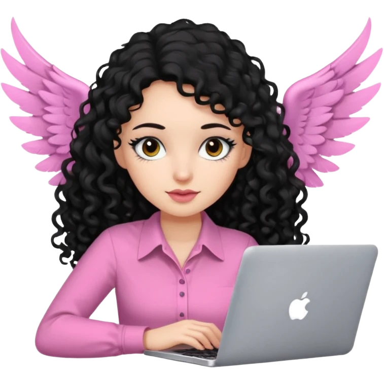 a girl typing mac book with long black curly hair and brown eyes with winged black eyeliner, pink shirt emoji