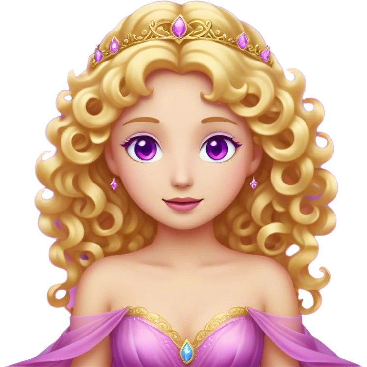 Cinematic Stunning Aurora Portrait Emoji, Ethereal in her flowing pink gown, golden curls shimmering, soft violet eyes filled with serenity, an enchanting glow surrounding her, capturing the beauty of a princess lost in a dream! emoji