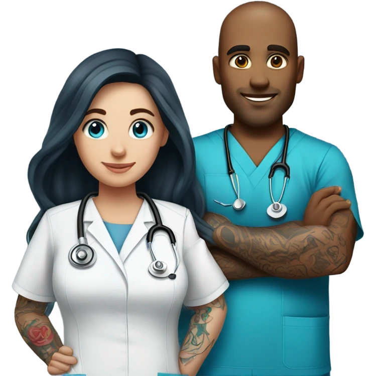 Tattooed guy with brown hair and blue eyed girl with long dark hair who is a nurse emoji
