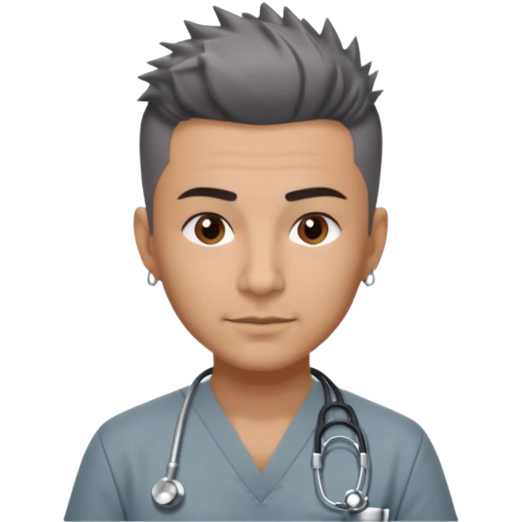 Dr. Efrén Rivera Santiago, a doctor with short spiked hair, gray scrubs, tattoos, and hook earrings, exudes professionalism and warmth. emoji