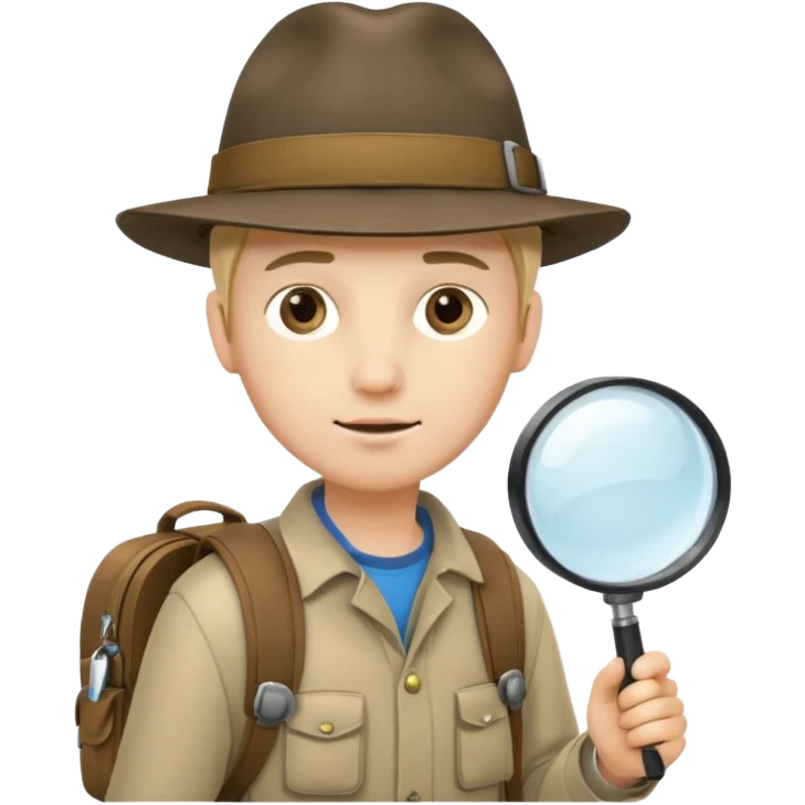 Explorer young man with hat and magnifying glass and backpack, portrait emoji