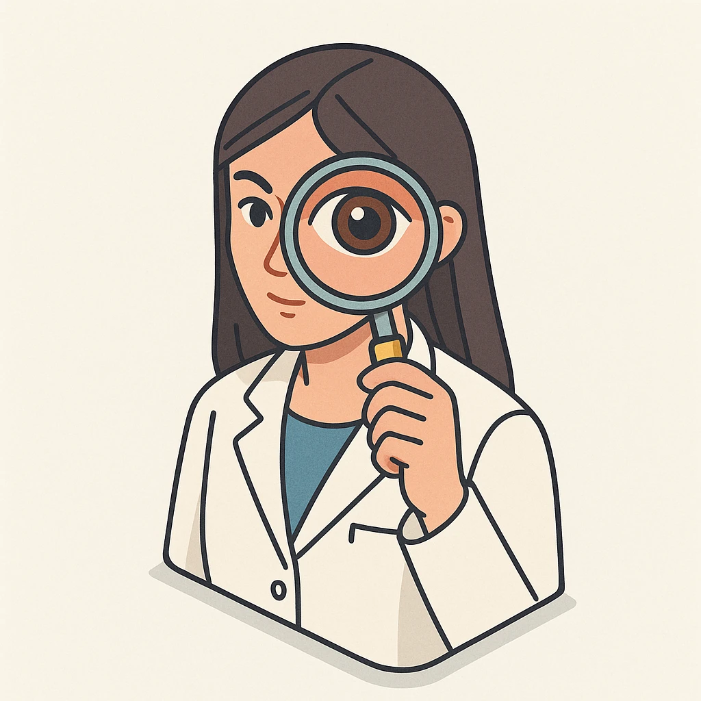 front view of a female doctor with dark long straight hair, detailed brown eyes (not dots), wearing a white coat, looking straight at the camera through a magnifying glass, both eyes visible, one eye enlarged and distorted like a fisheye lens, minimalist background, 2D isometric style emoji