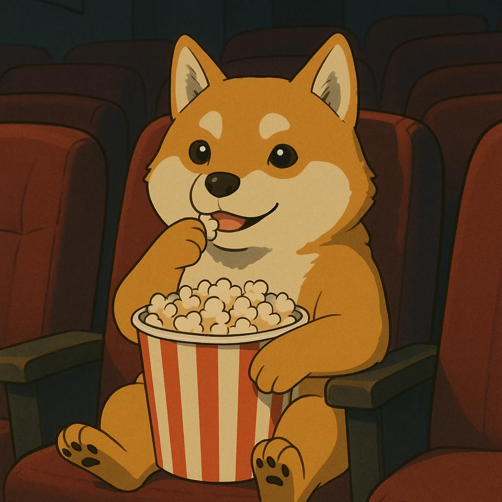 shiba inu eating popcorn at the movie theater emoji