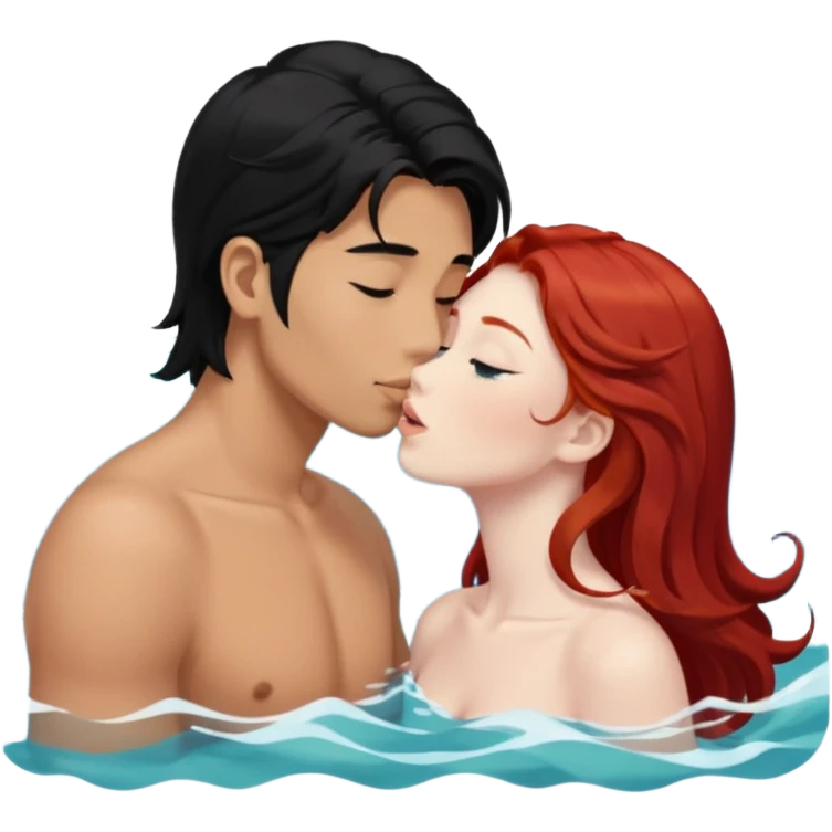 long black haired asian guy kiss redhead girl in ocean emoji