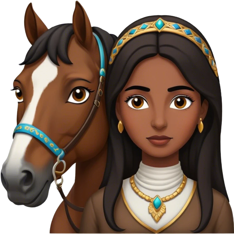 Middle Eastern woman with black and well defined eyebrows next to a horse  emoji