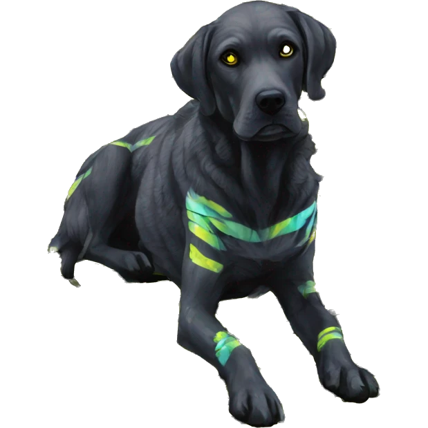 .Zombie_ Vaporwave black holographic oilslick zombie yellow Labrador zombie dog yellow caution tape graffiti stripes yellow and black stripes emoji