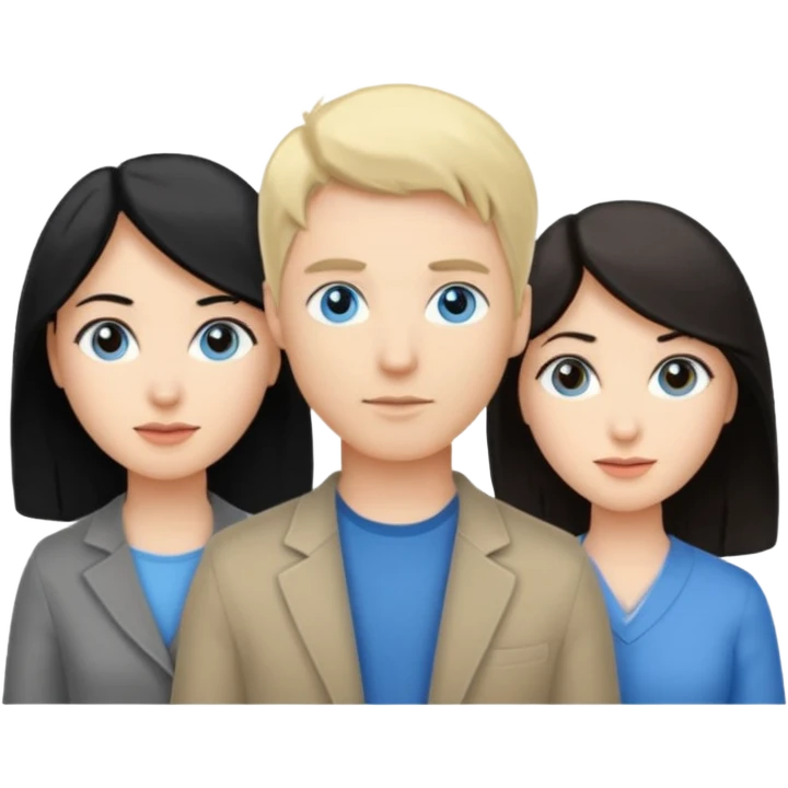 Blond woman blue eyes on left. Man with black hair and greye eye in the middle. Brown hair woman with greye eyes on the right emoji