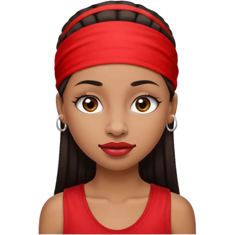 light-skinned black girl with very long eyelashes with long strait dark brown hair with edges wearing a red top with no sleeves. and a red accessory on her head with nose and mouth piercings. emoji