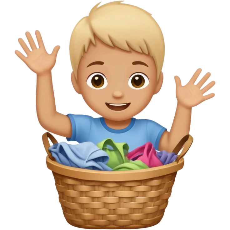 child dropping dirty clothes into a basket, cheerful and responsible emoji